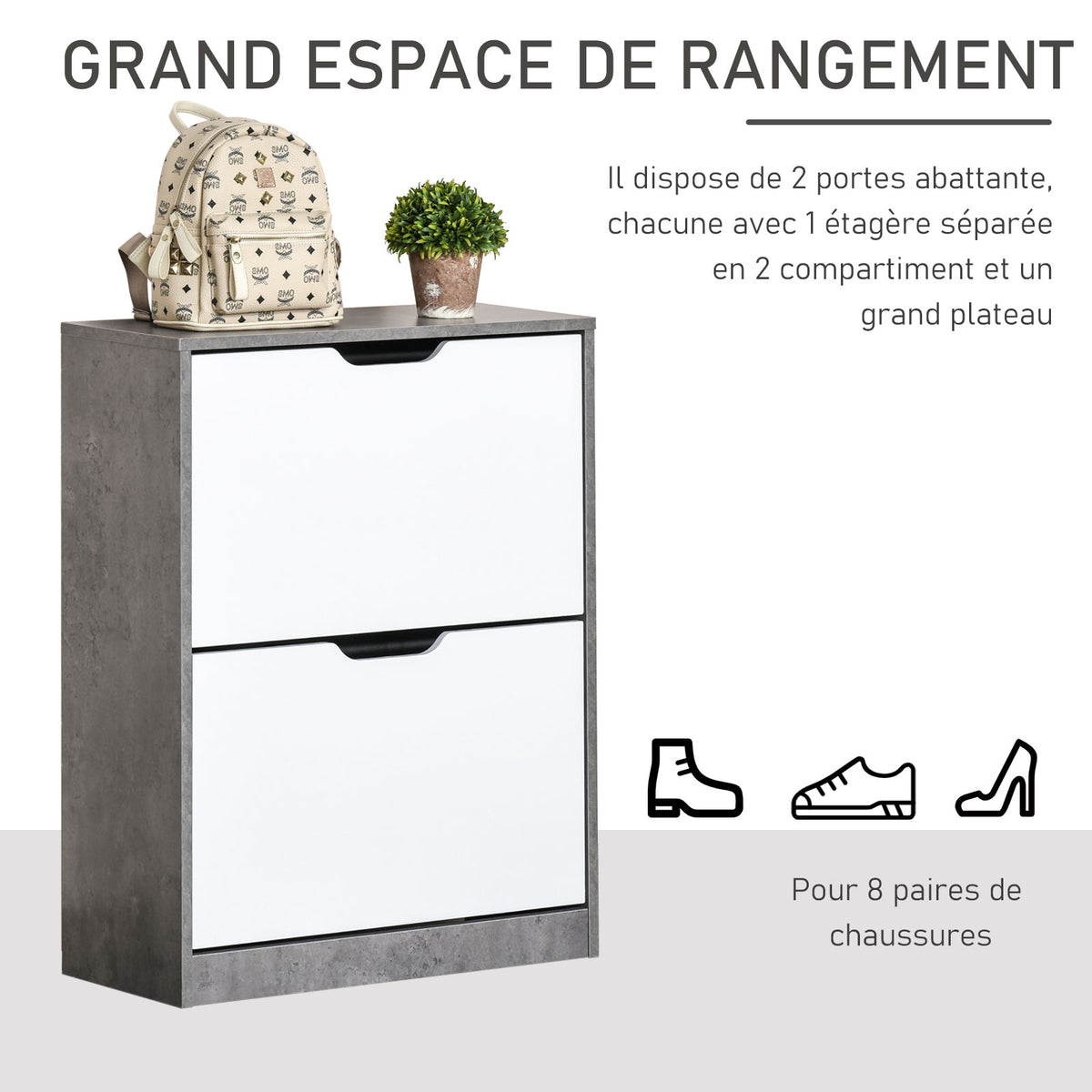 Zapatero mueble de entrada armario de almacenaje, 2 puertas abatibles, 62,5 x 26 x 81 cm, gris y blanco