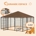 Chenil extérieur pour chiens en acier et tissu Oxford avec support gamelle toit 211 x 211 x 151 cm noir et café
