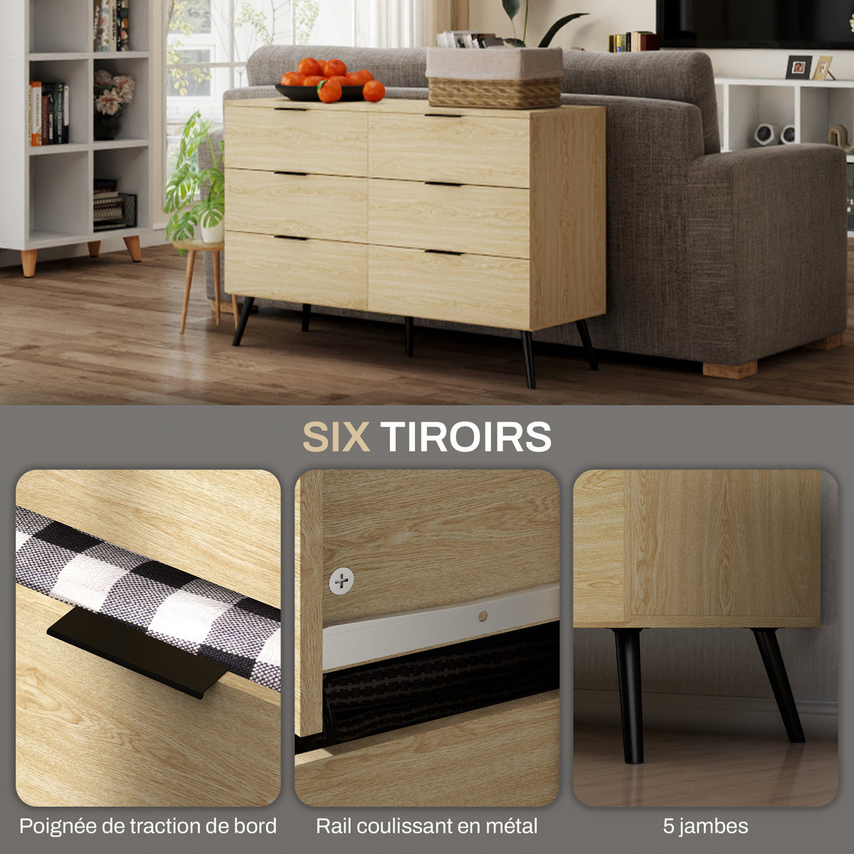 Commode 6 tiroirs Commode moderne pour chambre à coucher avec design anti-basculement 110L x 40l x 75H cm Aspect bois