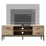 Meuble TV banc TV jusqu'à 50 pouces placard, 2 tiroirs et étagère - 2 passe-câbles - 132 x 39 x 45,5 cm marron noir