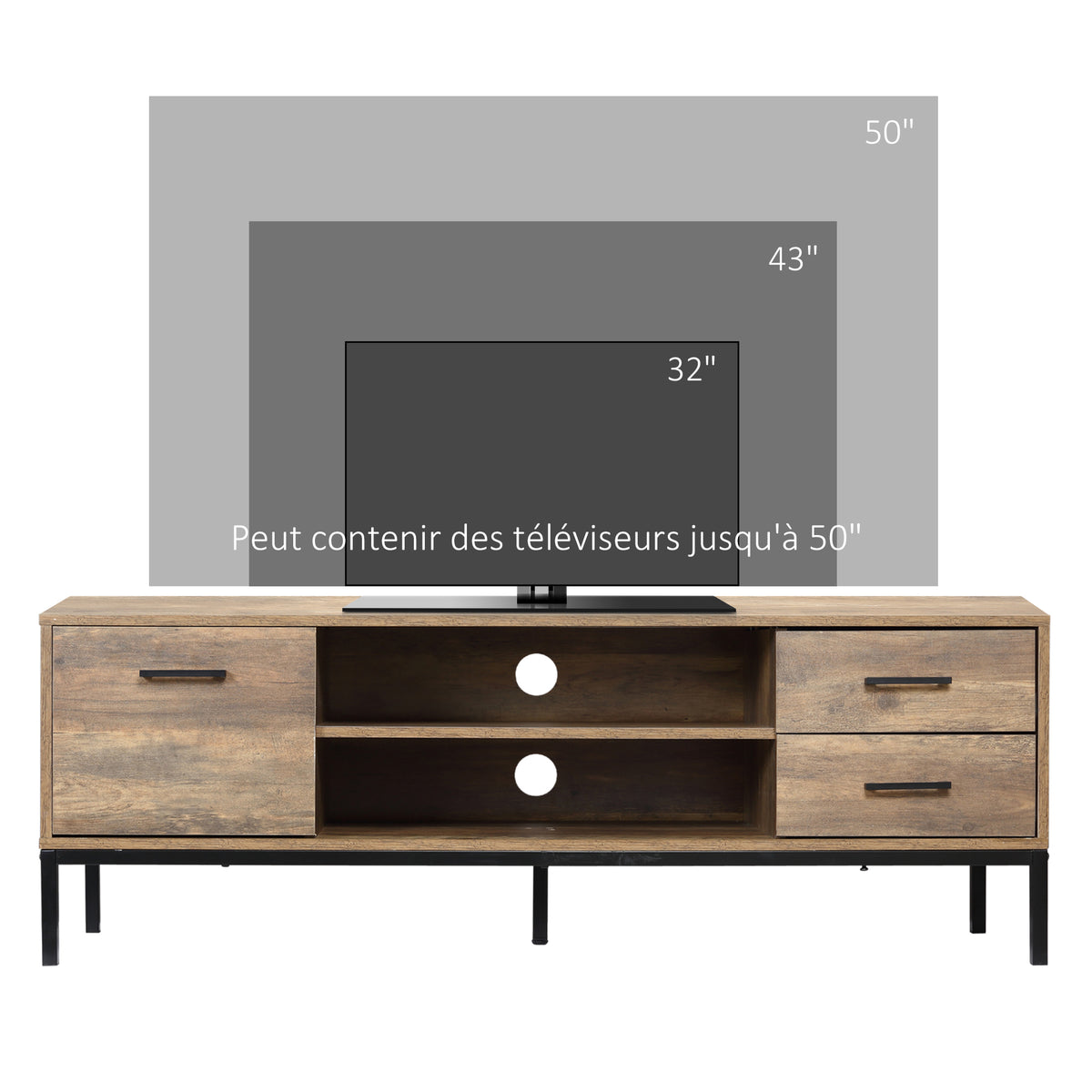 Meuble TV banc TV jusqu'à 50 pouces placard, 2 tiroirs et étagère - 2 passe-câbles - 132 x 39 x 45,5 cm marron noir