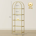 Libreria scaffale in vetro a 5 ripiani ad arco per soggiorno, ufficio, camera da letto, 60 x 30 x 175 cm, dorato