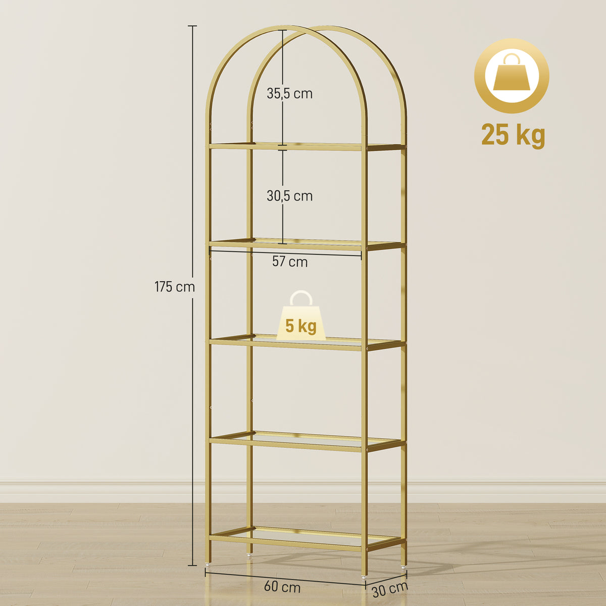 Libreria scaffale in vetro a 5 ripiani ad arco per soggiorno, ufficio, camera da letto, 60 x 30 x 175 cm, dorato