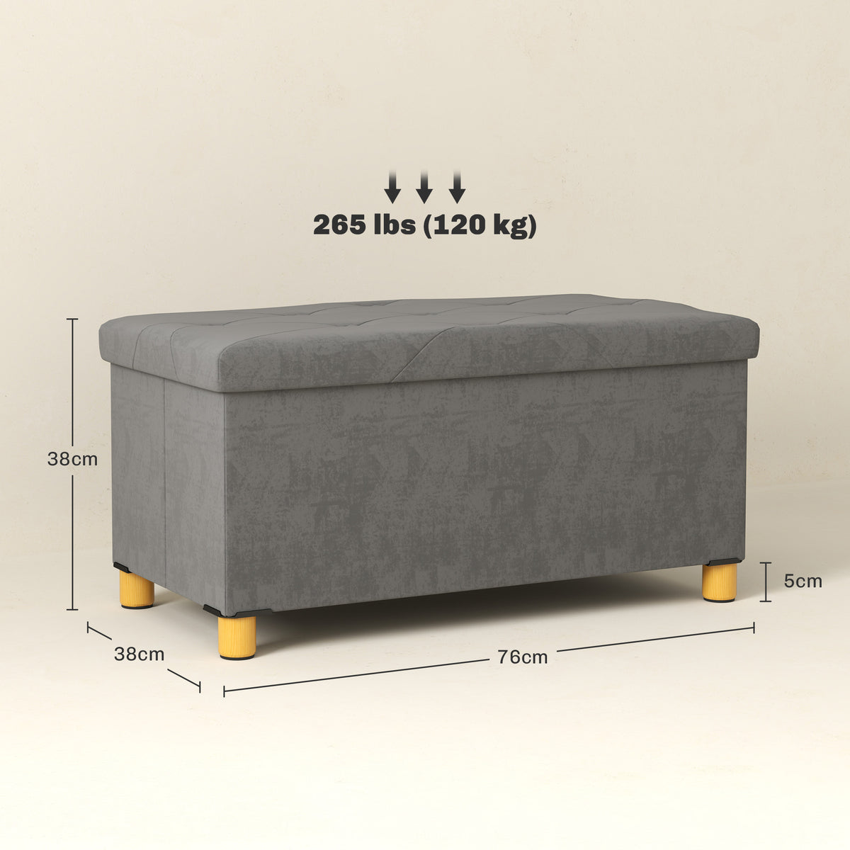 Opvouwbare opbergbank voor aan het voeteneind van het bed, inhoud 67 L, draagvermogen 120 kg, met deksel, 76L x 38B x 38H cm, grijs