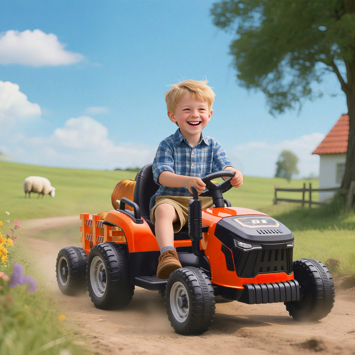 Elektrischer Kindertraktor mit abnehmbarem Anhänger, Elektroauto für Kinder, 2,4G-Fernbedienung, 139x58x55cm, orange