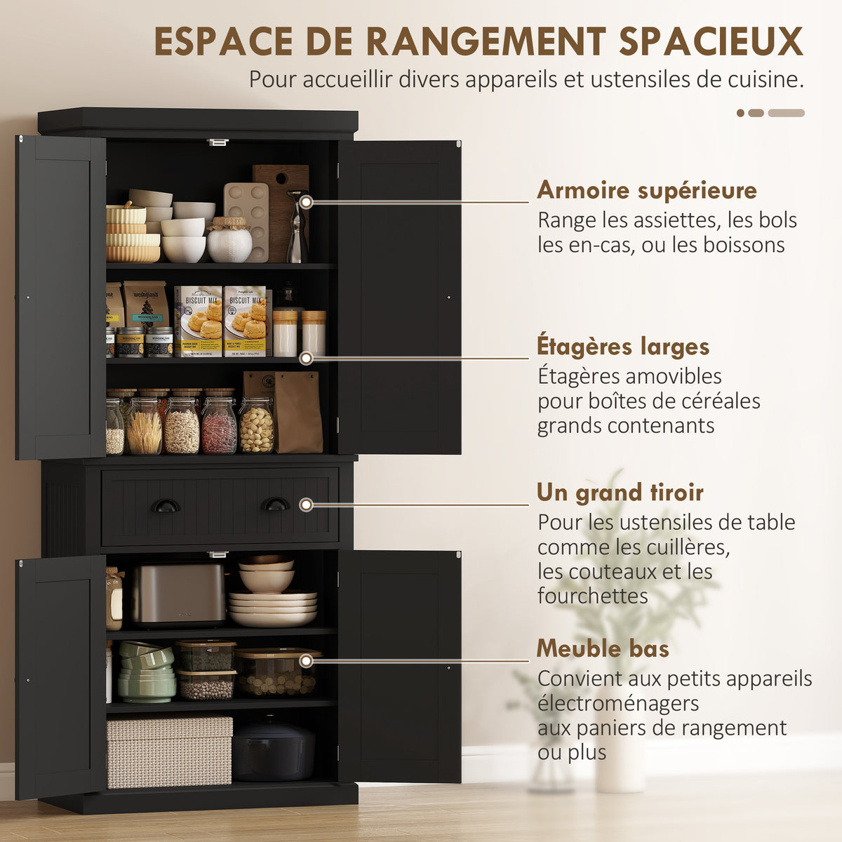 Buffet haut cuisine, armoire de cuisine avec 4 portes, tiroir et étagères réglables, 76,2 x 40,2 x 183 cm, noir