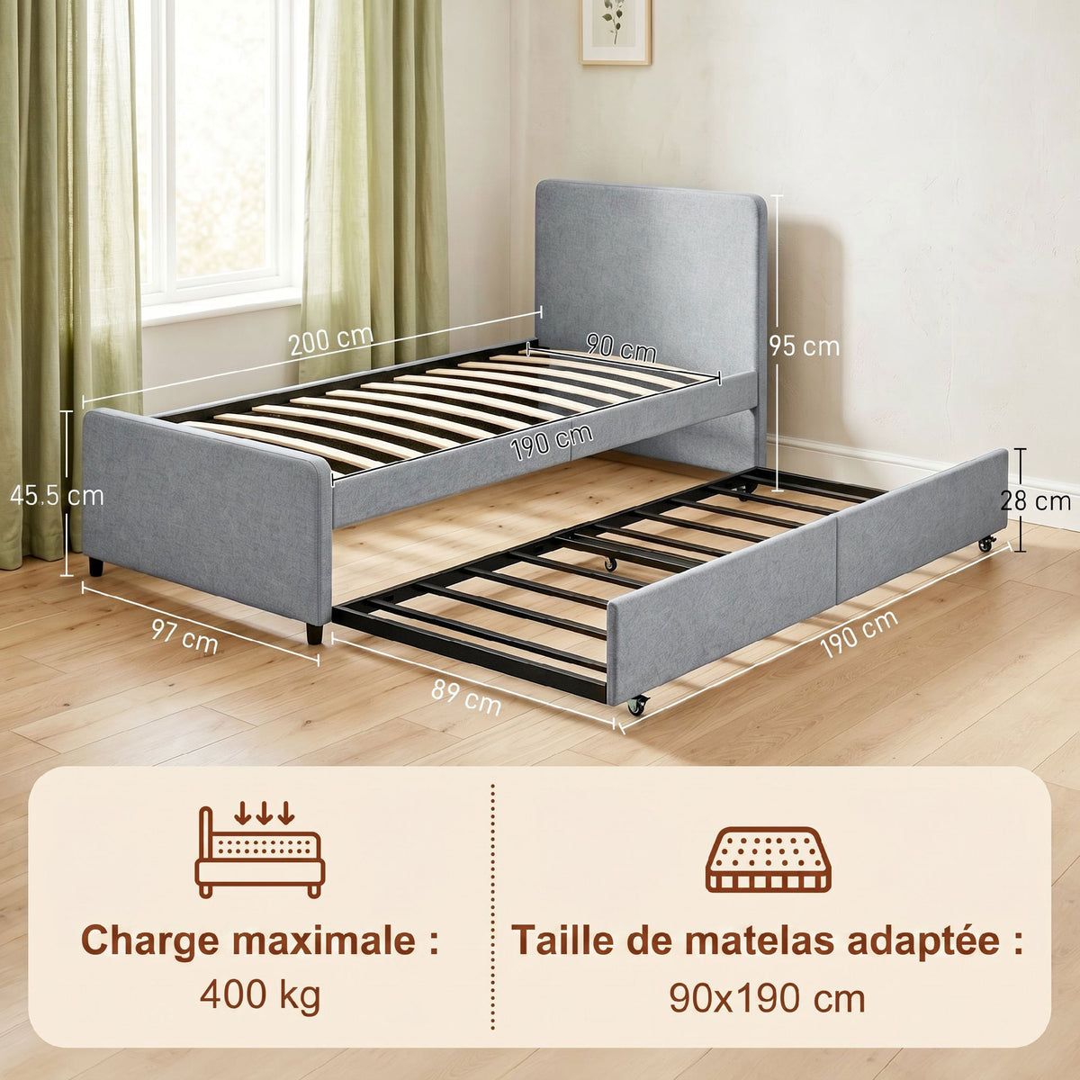 Lit gigogne 90 x 190 cm, cadre de lit simple/double avec sommier à lattes en bois, tête et pied rembourrés, gris clair