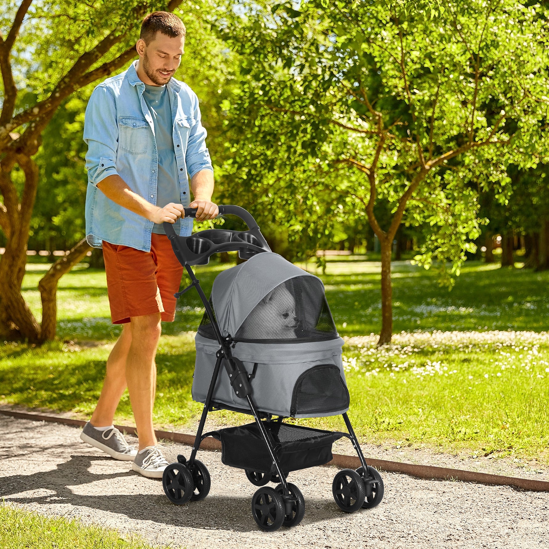 Poussette pour chien et chat pliable, 4 roues avec freins, tissu Oxford 300D imperméable, panier de rangement, gris