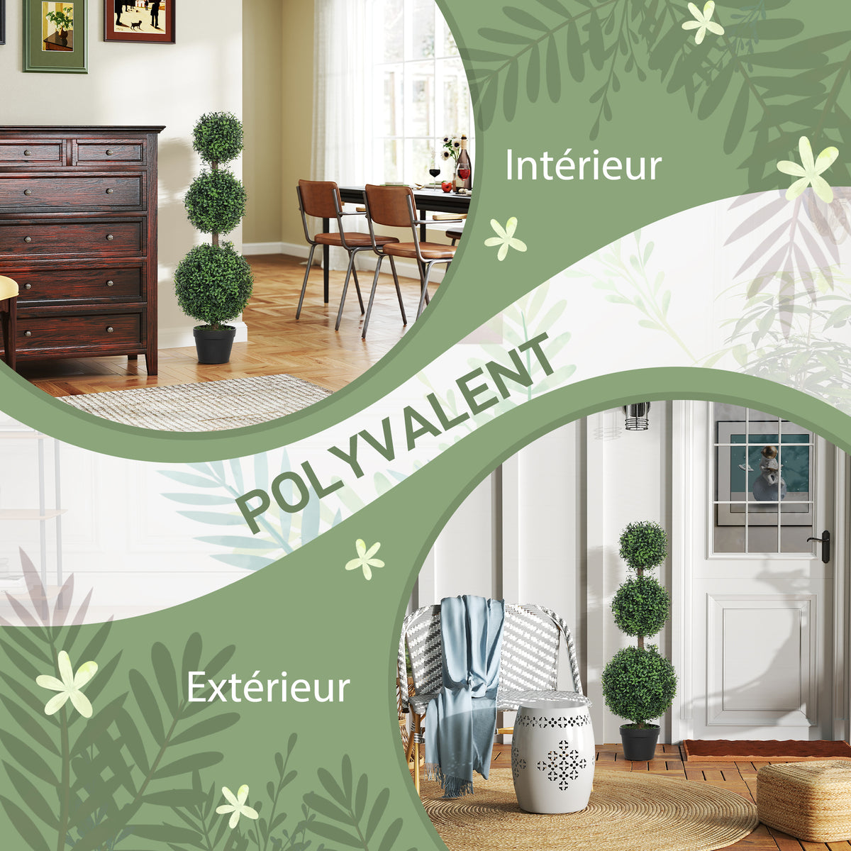 2er-Set künstliche Buchsbaum-Topiary-Bäume, 101,6 cm, 3 Kugeln, künstliche Pflanze aus PE, grün, mit Topf für innen und außen