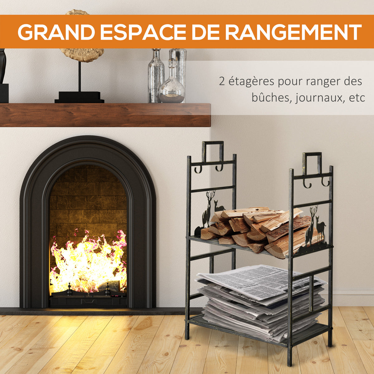 Porte-bûches range bûches étagère à bois de cheminée serviteur de cheminée cerf multi-accessoires 2 étagères dim. 51,5L x 33l x 77H cm métal noir or vieilli