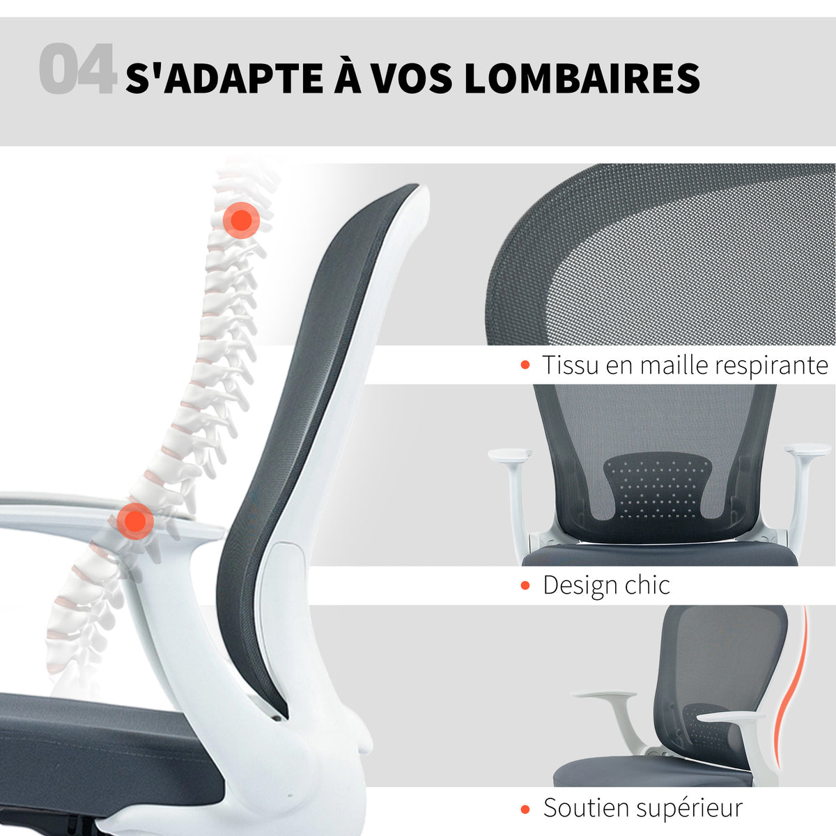 Chaise bureau ergonomique avec repose-pieds ajustable et accoudoirs relevables, hauteur réglable, 59x62x99-119cm, gris