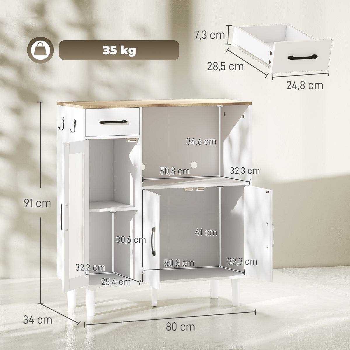 Buffet cuisine, meuble de rangement avec tiroir, 3 portes dont 1 en acrylique cannelée, étagère ouverte, blanc et chêne
