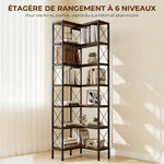 Bibliothèque d'angle à 6 niveaux, meuble de rangement en métal pour salon, chambre, bureau, 60x60x200cm, brun rustique