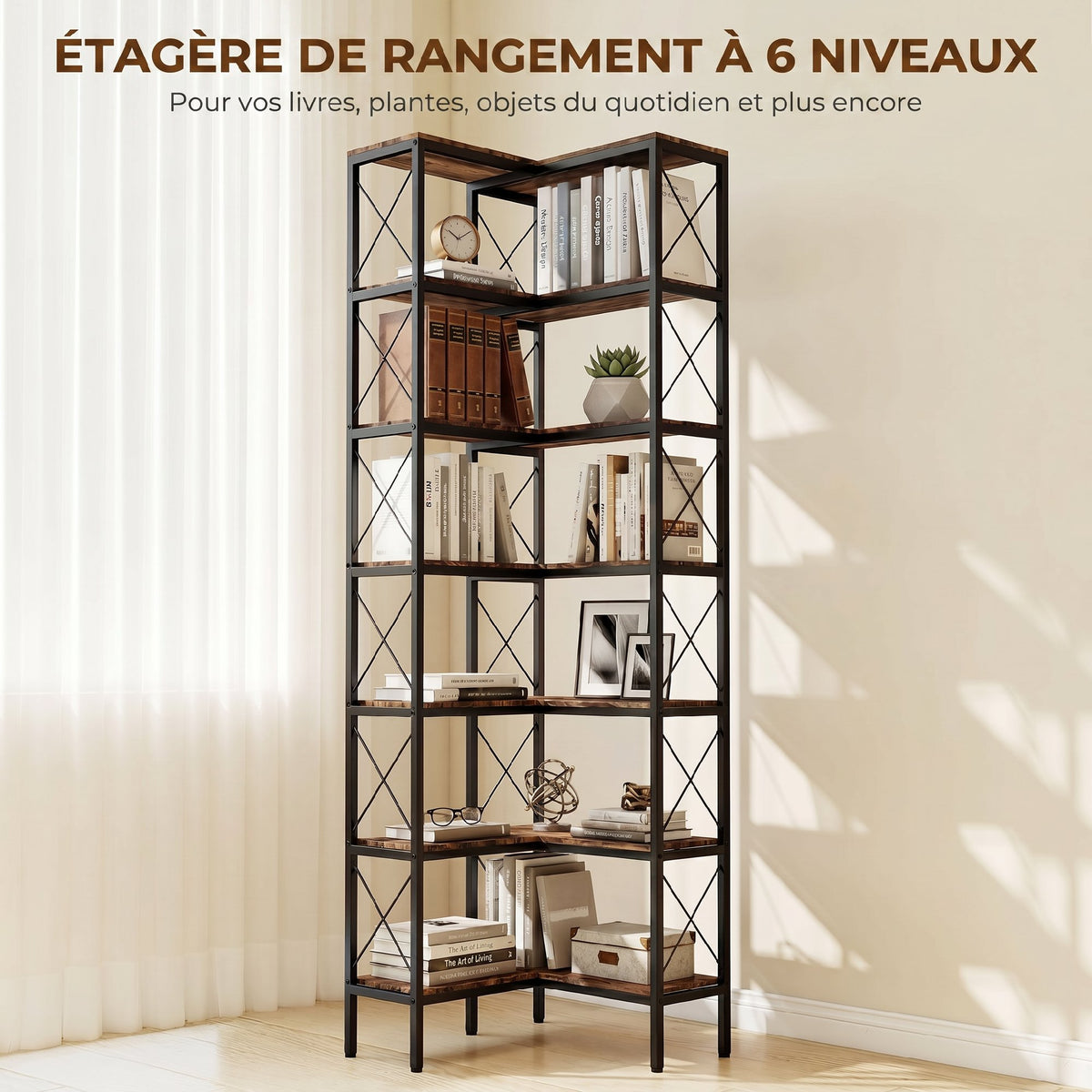 Bibliothèque d'angle à 6 niveaux, meuble de rangement en métal pour salon, chambre, bureau, 60x60x200cm, brun rustique
