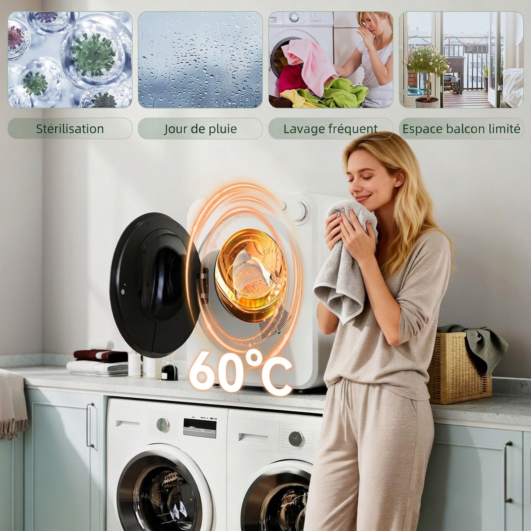 Sèche-linge à évacuation portable 2,5 Kg, sèche-linge électrique 400/800 W, 5 modes de séchage, 48 x 44 x 57 cm, blanc