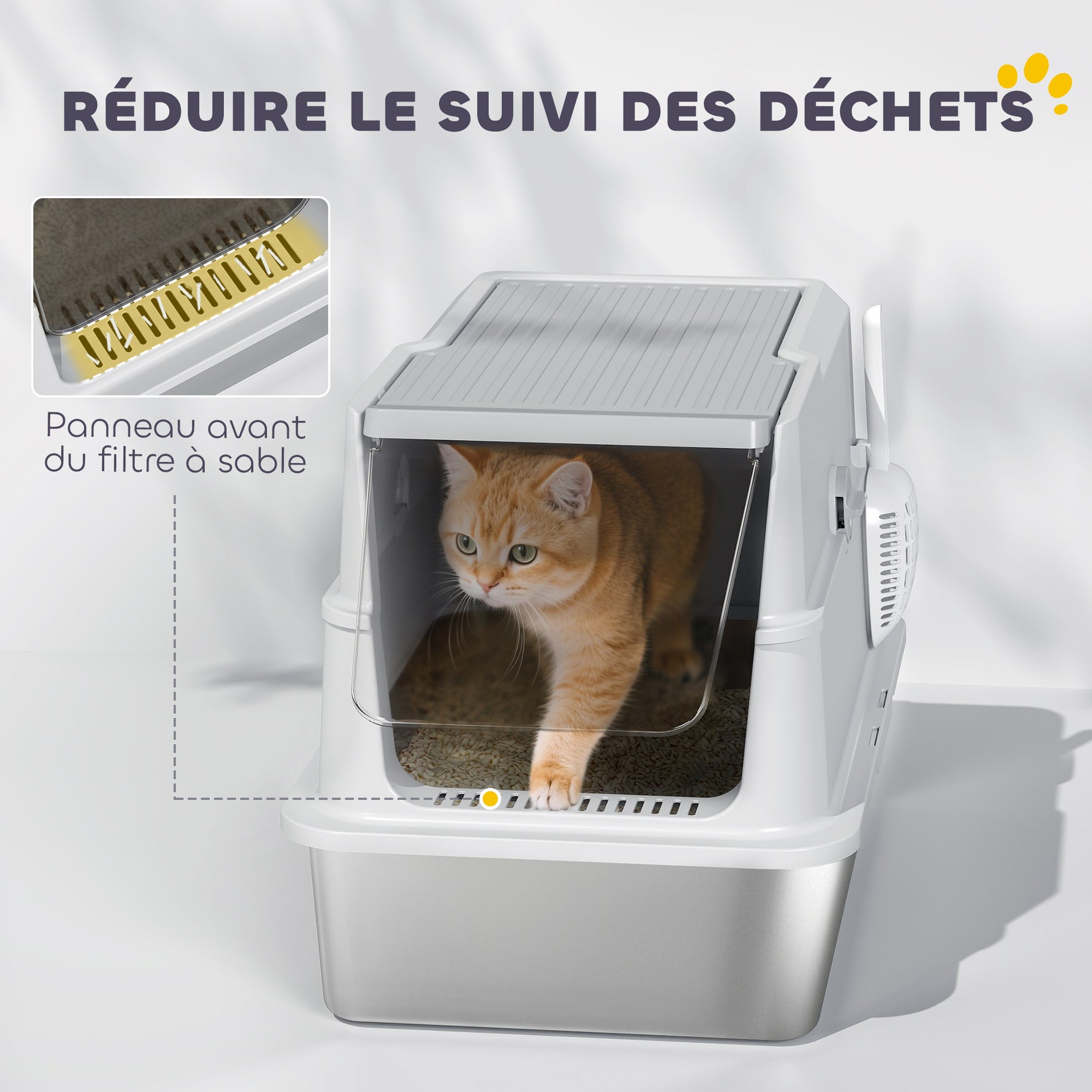 Bac à litière fermé XL en acier inoxydable, maison de toilette pour grand chat, 60,2 x 40,2 x 43,3 cm, gris clair