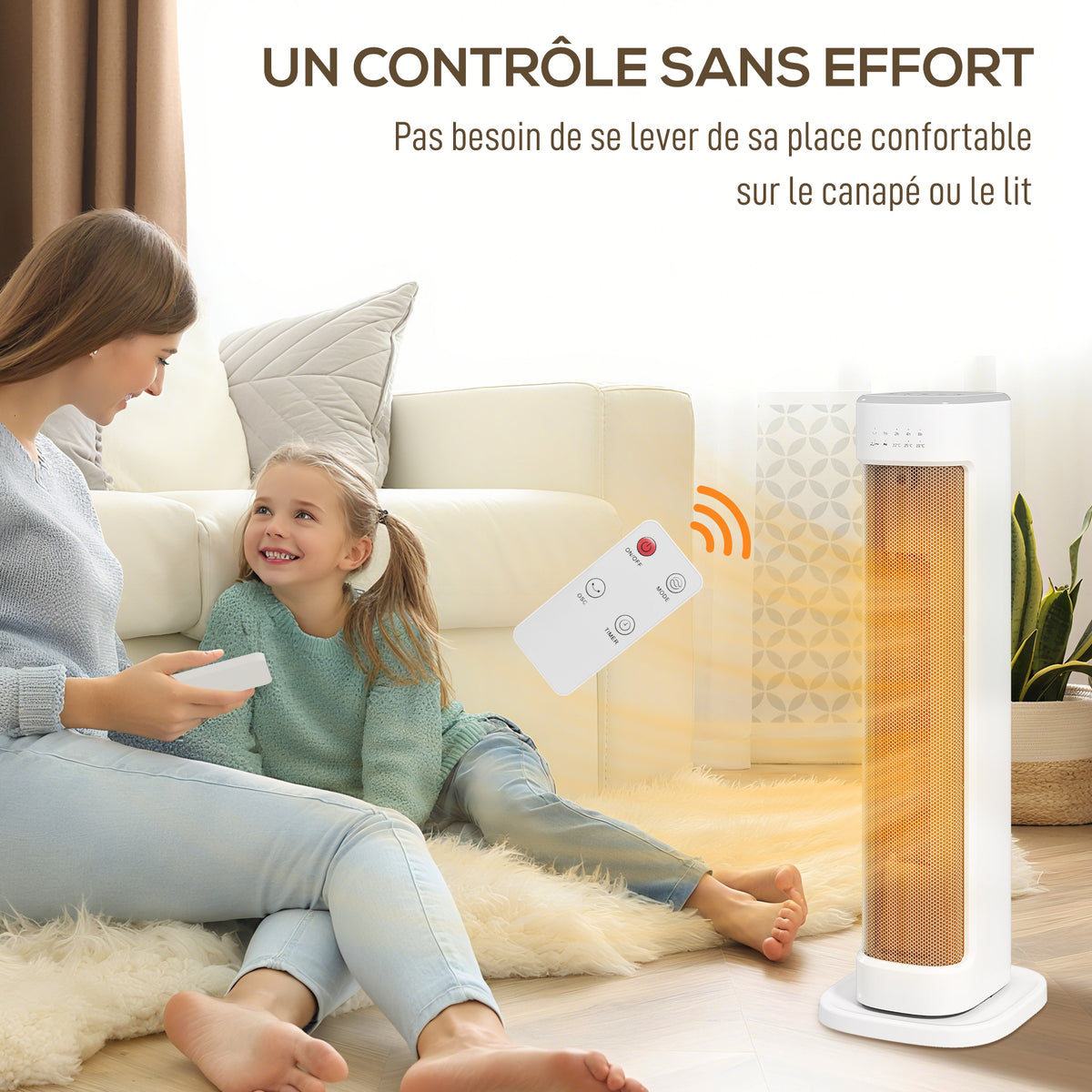 Chauffage d'appoint céramique PTC, radiateur électrique 2000 W avec thermostat réglable, minuterie, 21x19,7x61cm, blanc