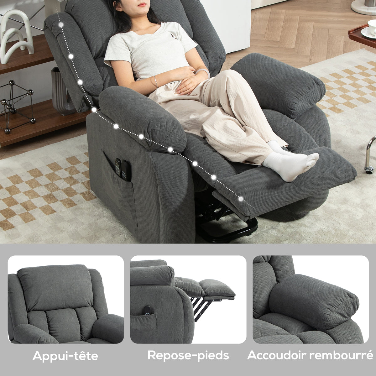 Fauteuil releveur électrique massage et chauffage avec repose-pied, dossier inclinable, télécommande et poche latérale