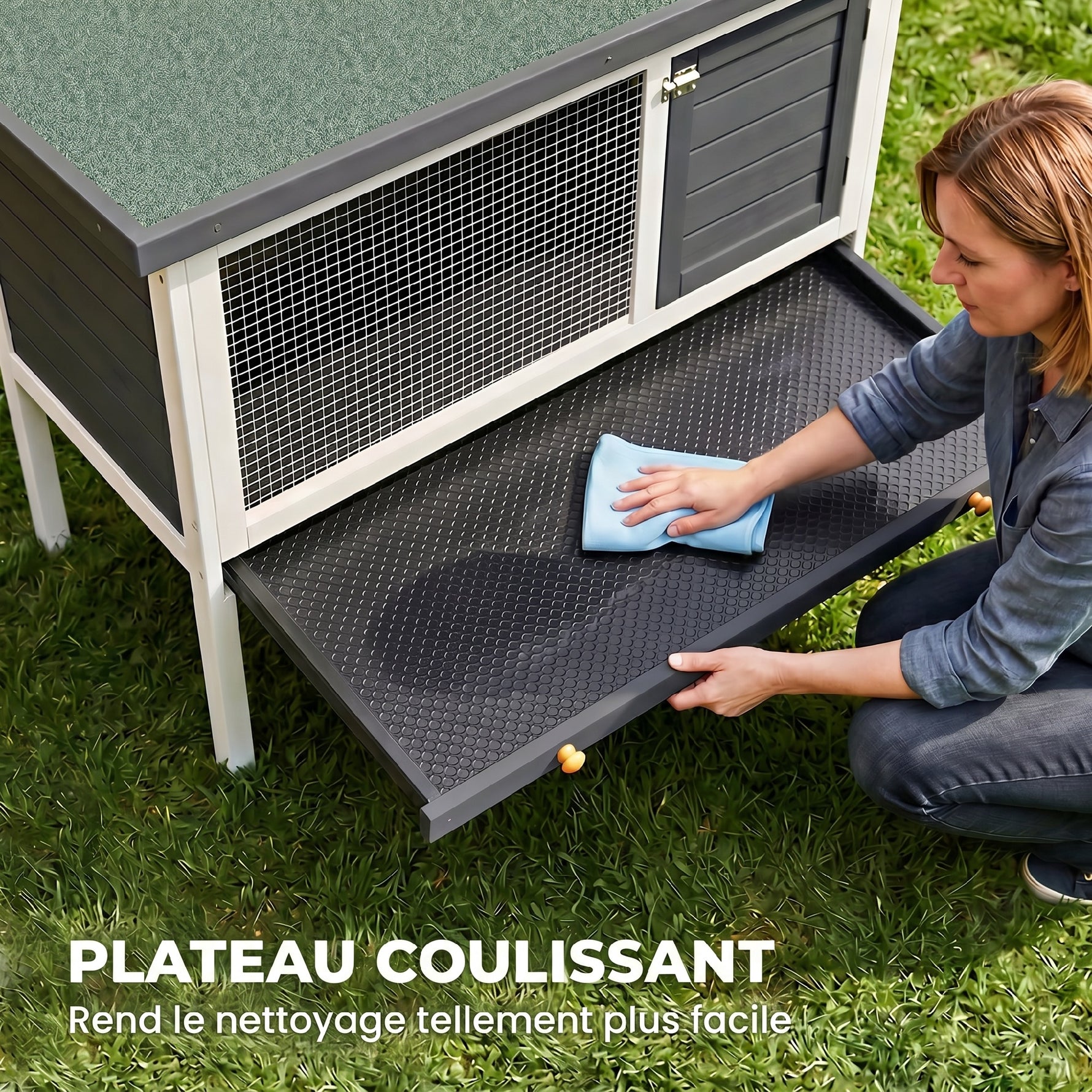 Clapier Lapin Extérieur en Bois, avec Toit Ouvrable en Asphalt et Plateau Coulissant, Design Surélevé, 90x45x65cm, Gris