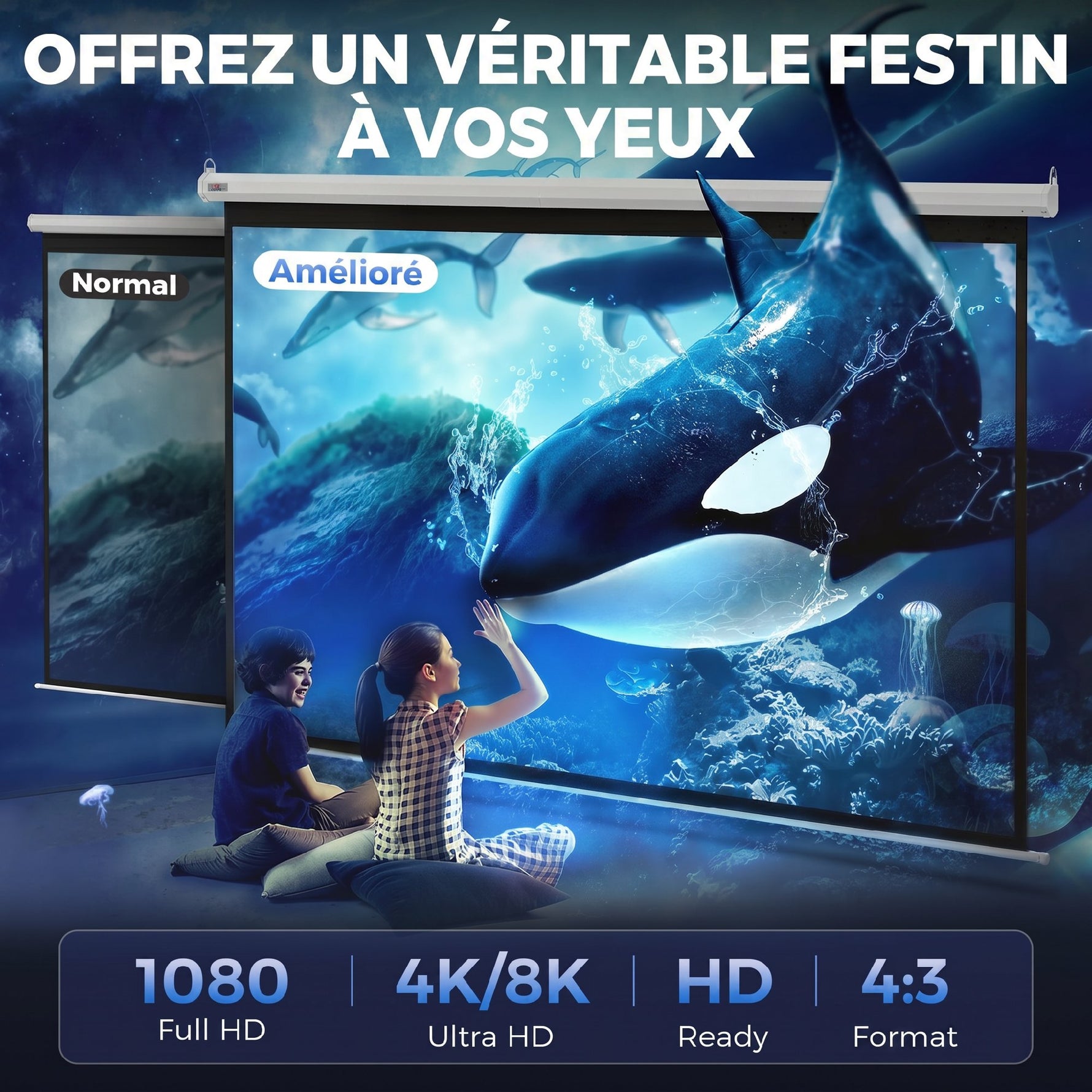 Écran de Projection 120" 4:3 HD 4K, Boîtier en Métal, Écran Hauteur Réglable Manuellement, 244x183cm, Blanc