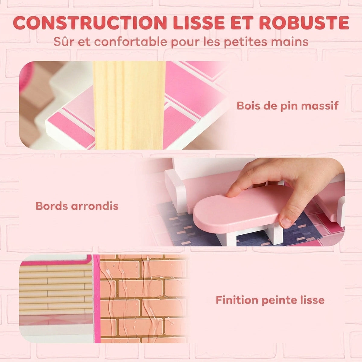 Casa delle Bambole in Legno per Bambini, Casa dei Sogni per Bambine a 3 Piani con Balcone, Scale e 10 Accessori, Rosa