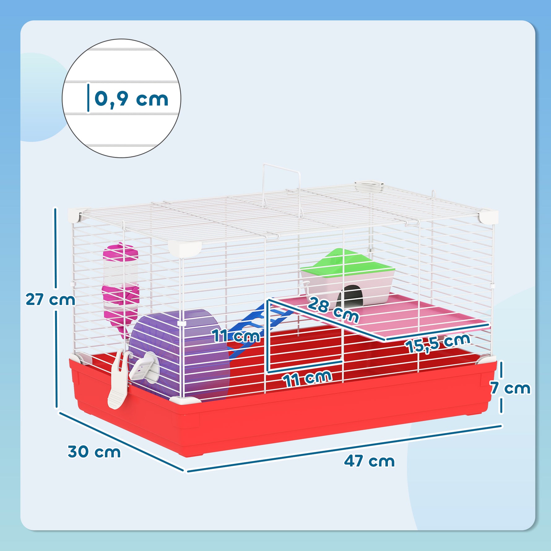 Cage hamster, cage rongeur à 2 niveaux, base amovible nettoyage facile, cabane, roue d'exercice, 47 x 30 x 27 cm, blanc
