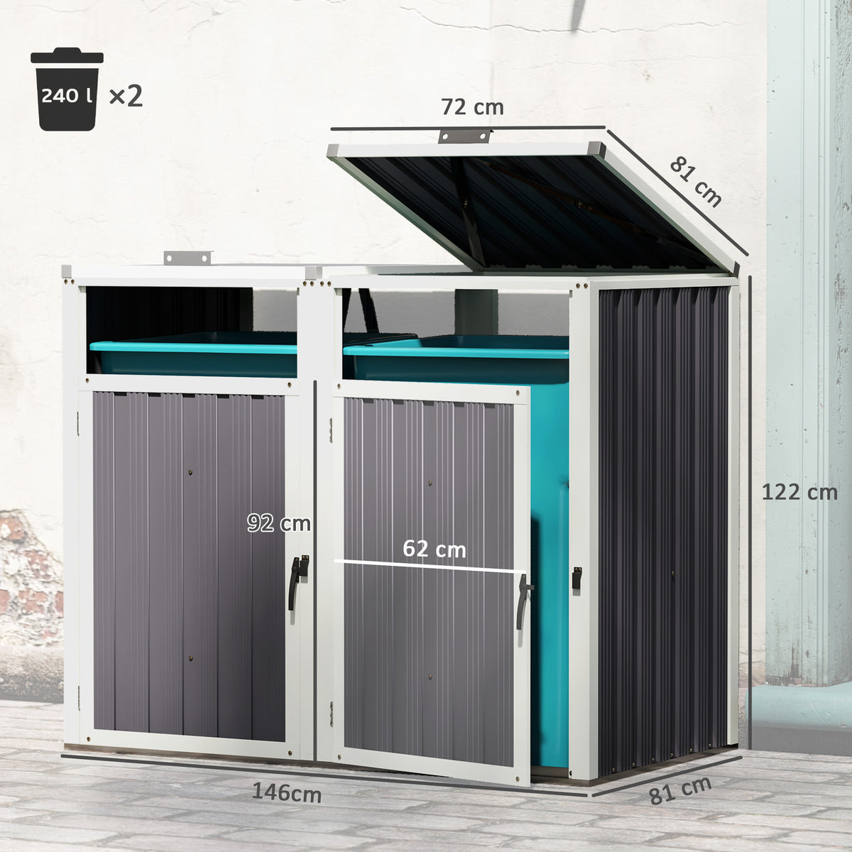 Abri pour 2 poubelles 240L cache poubelle extérieur couvercle relevable 180° acier galvanisé 146x81x122cm gris foncé