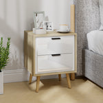 Comodino stretto, tavolino d'appoggio con 2 cassetti silenziosi e gambe in legno massello, 40 x 35 x 50 cm, bianco lucido