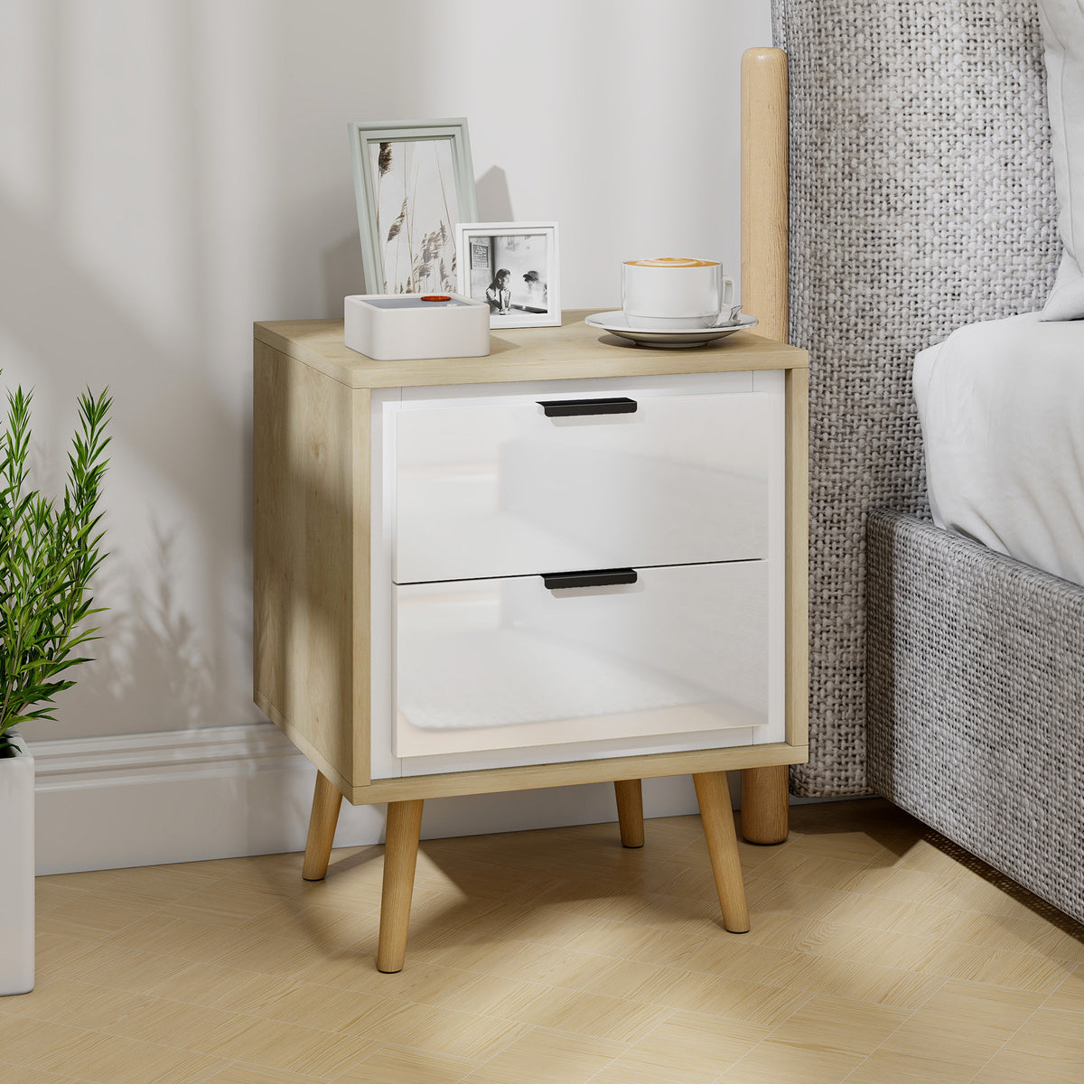 Comodino stretto, tavolino d'appoggio con 2 cassetti silenziosi e gambe in legno massello, 40 x 35 x 50 cm, bianco lucido
