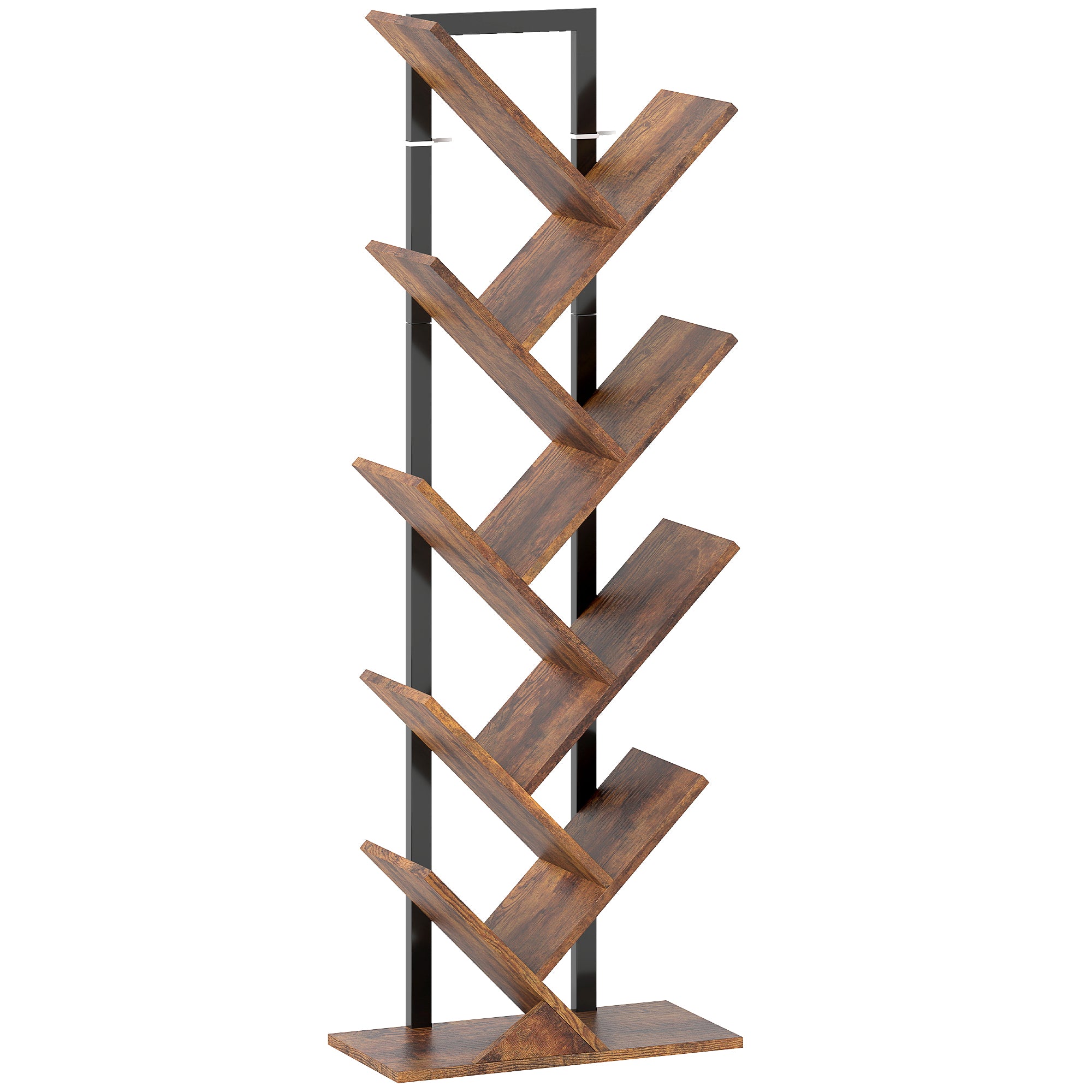9-Tier Tree Bookshelf, Industrial Storage Unit with Steel Frame, 50x24x136cm, Rustic Brown