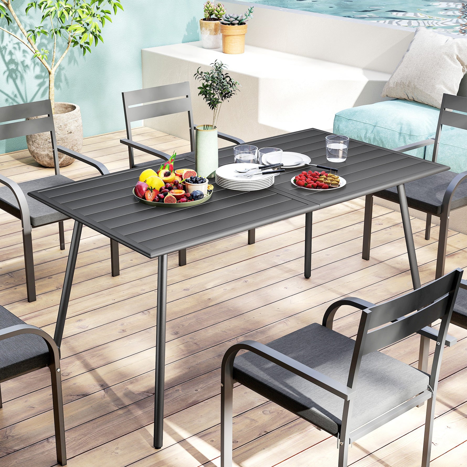 Table à manger de jardin pour 6 personnes avec plateau à lattes pour jardin, patio, terrasse, 150 x 80 x 74 cm, gris