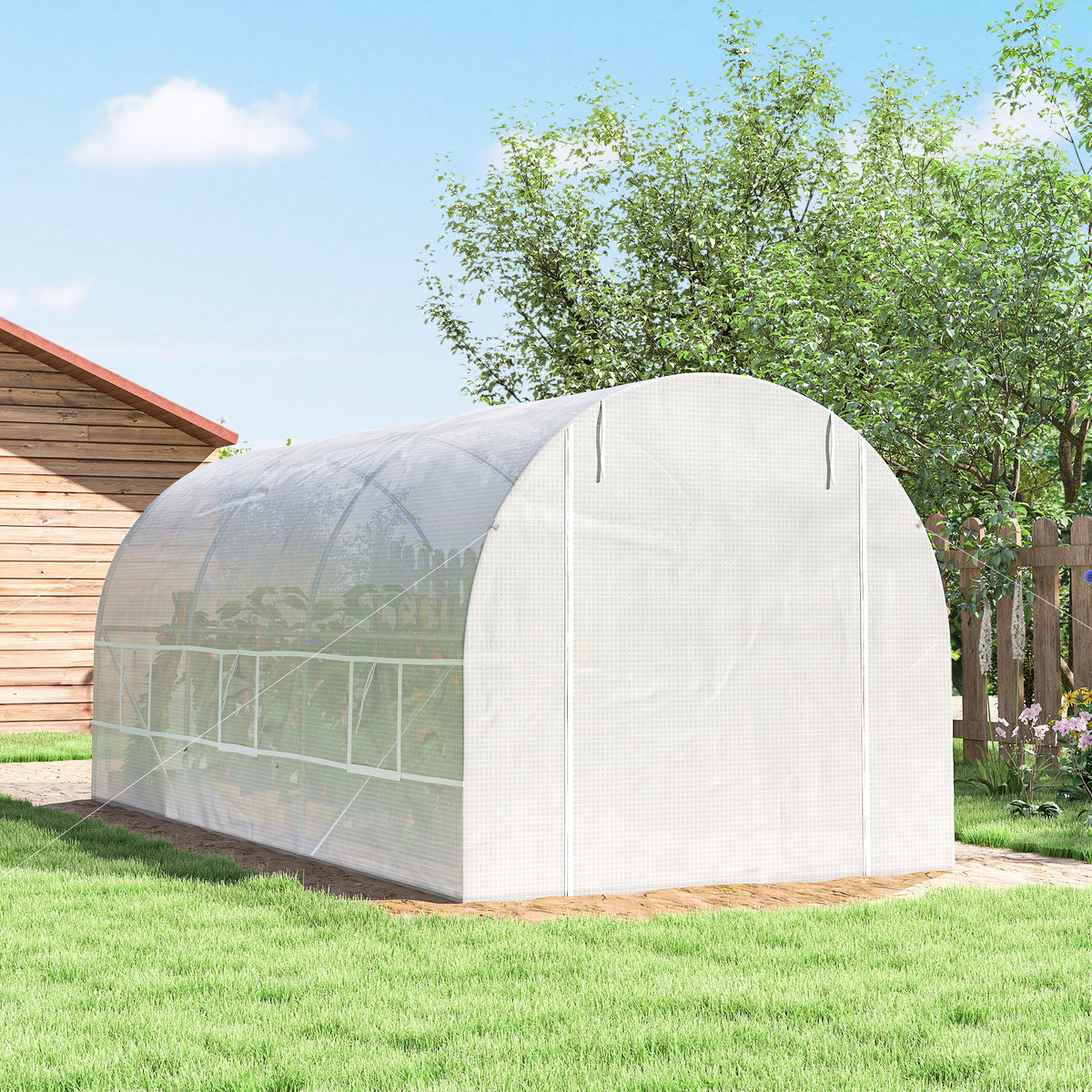 Serre tunnel de jardin 9m², serre de jardin tunnel avec porte et 6 fenêtres, bâche PE 140 g/m² 445 x 200 x 200 cm blanc