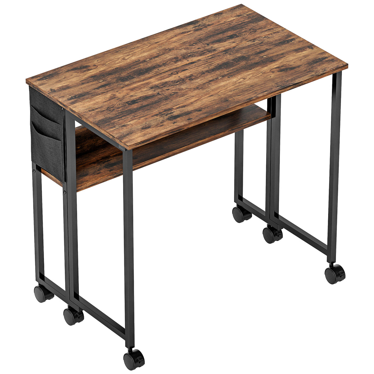 Bureau pliable sur roulettes 80 x 50 cm avec étagère et sac de rangement, brun rustique