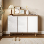Credenza da soggiorno, mobile contenitore, 3 ante, ripiani regolabili e gambe in legno di gomma, 107x35x76,5 cm, bianco e rovere