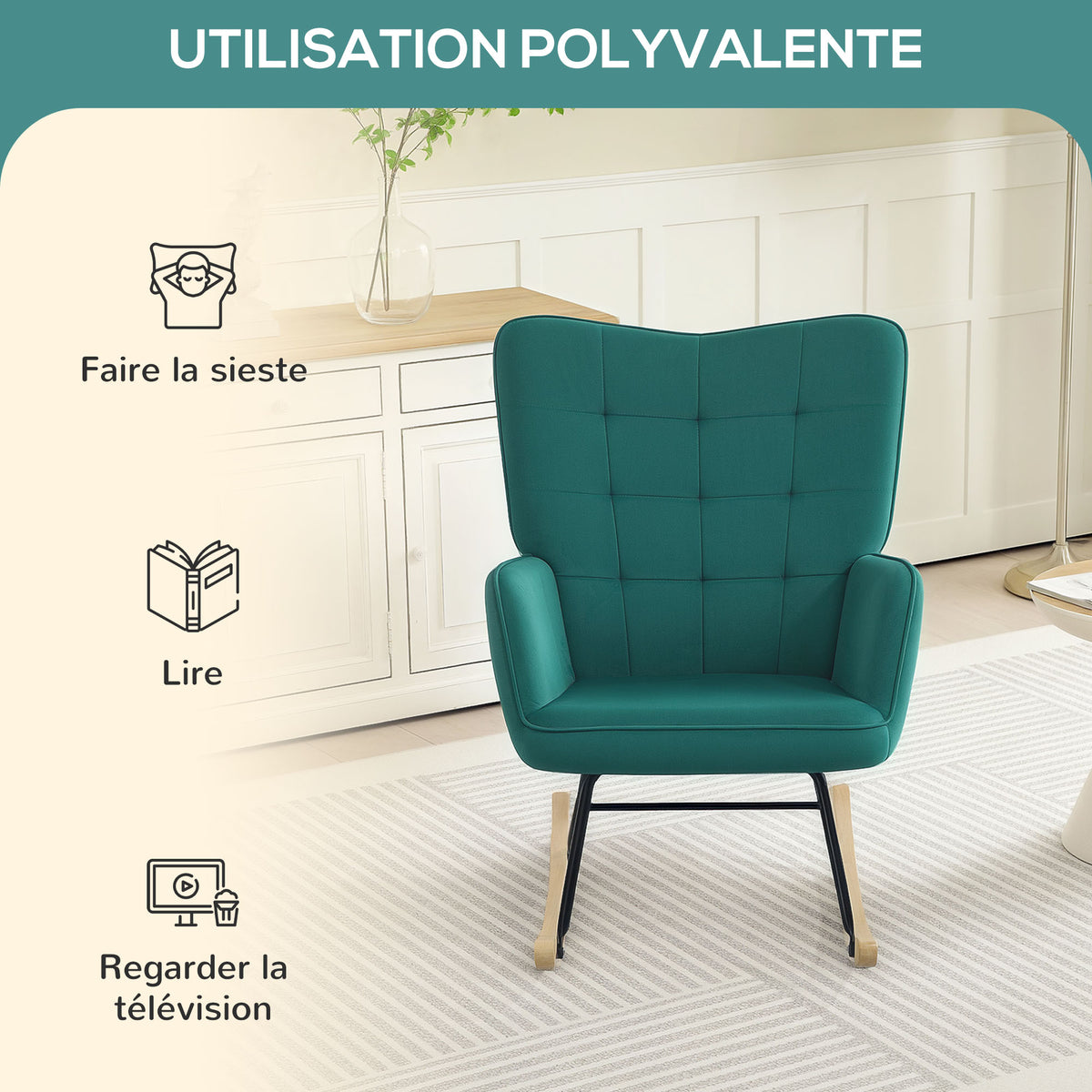 Fauteuil à bascule rocking chair revêtement en velous structure en acier 71 x 98 x 101 cm Vert