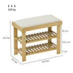 Banc à chaussures en bambou, étagère à chaussures à 3 niveaux, style scandinave, 60 x 29 x 49 cm, crème et bois naturel
