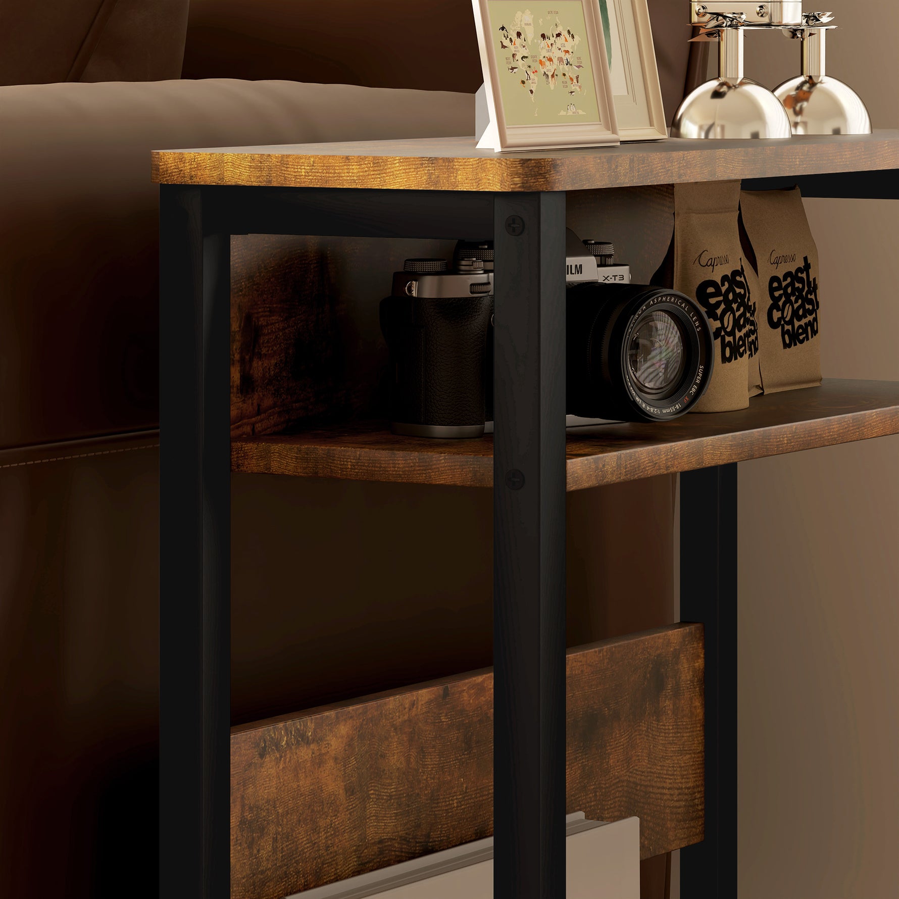Table d'appoint table de chevet avec étagère à deux niveaux coins arrondis 46l x 18P x 58,5H cm brun rustique-7