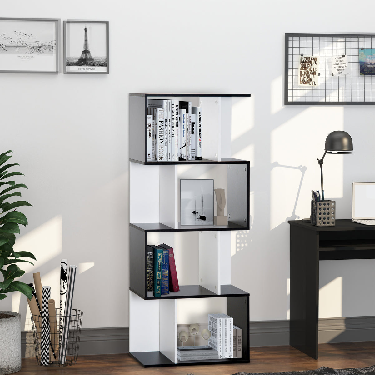 Bibliothèque à 5 niveaux, meuble de rangement en forme de S avec étagères, étagère de rangement pour salon, chambre bureau, 60 x 24 x 148 cm, noir, blanc