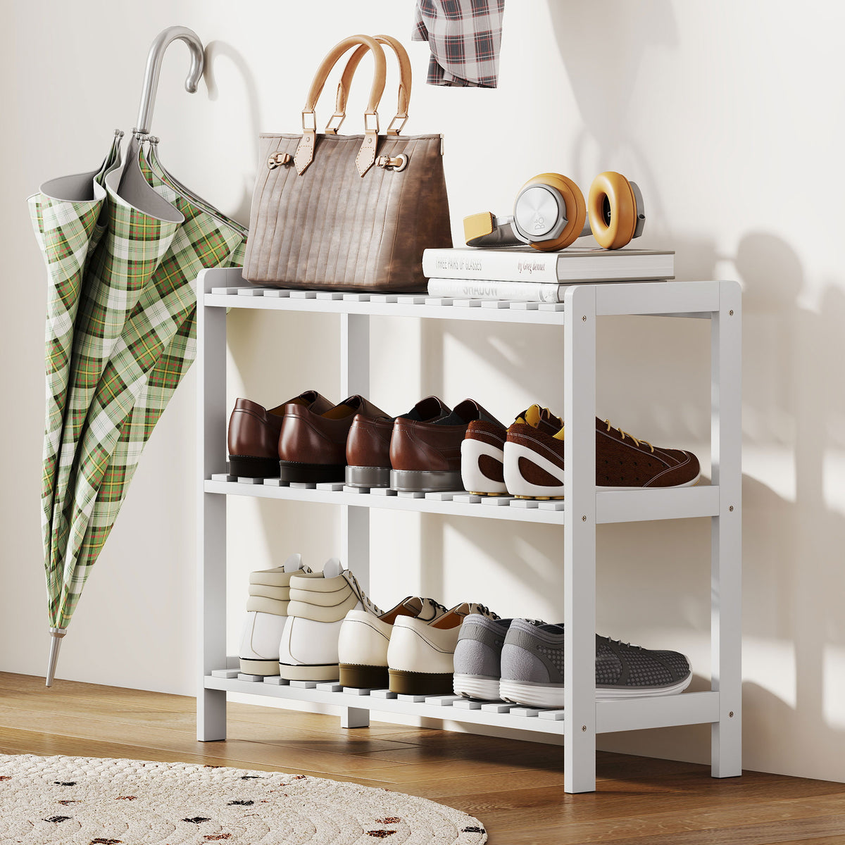 Étagère à chaussures, porte-chaussures 3 niveaux, étagères à lattes, en bois de pin， 70 x 26 x 57,5 cm, blanc