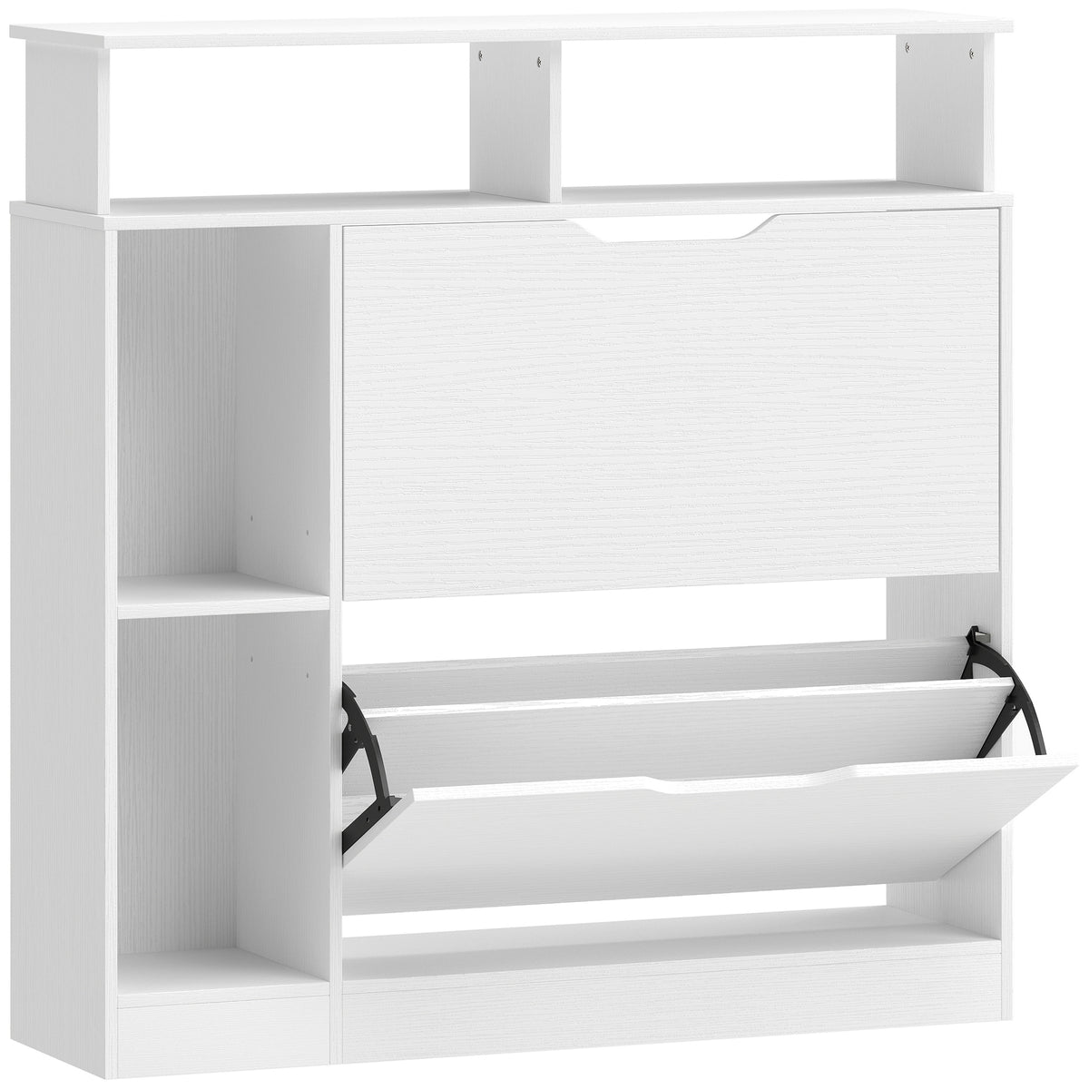 Meuble à chaussures, armoire à chaussures, 2 tiroirs rabattables, compartiments ouverts et étagère réglable, blanc
