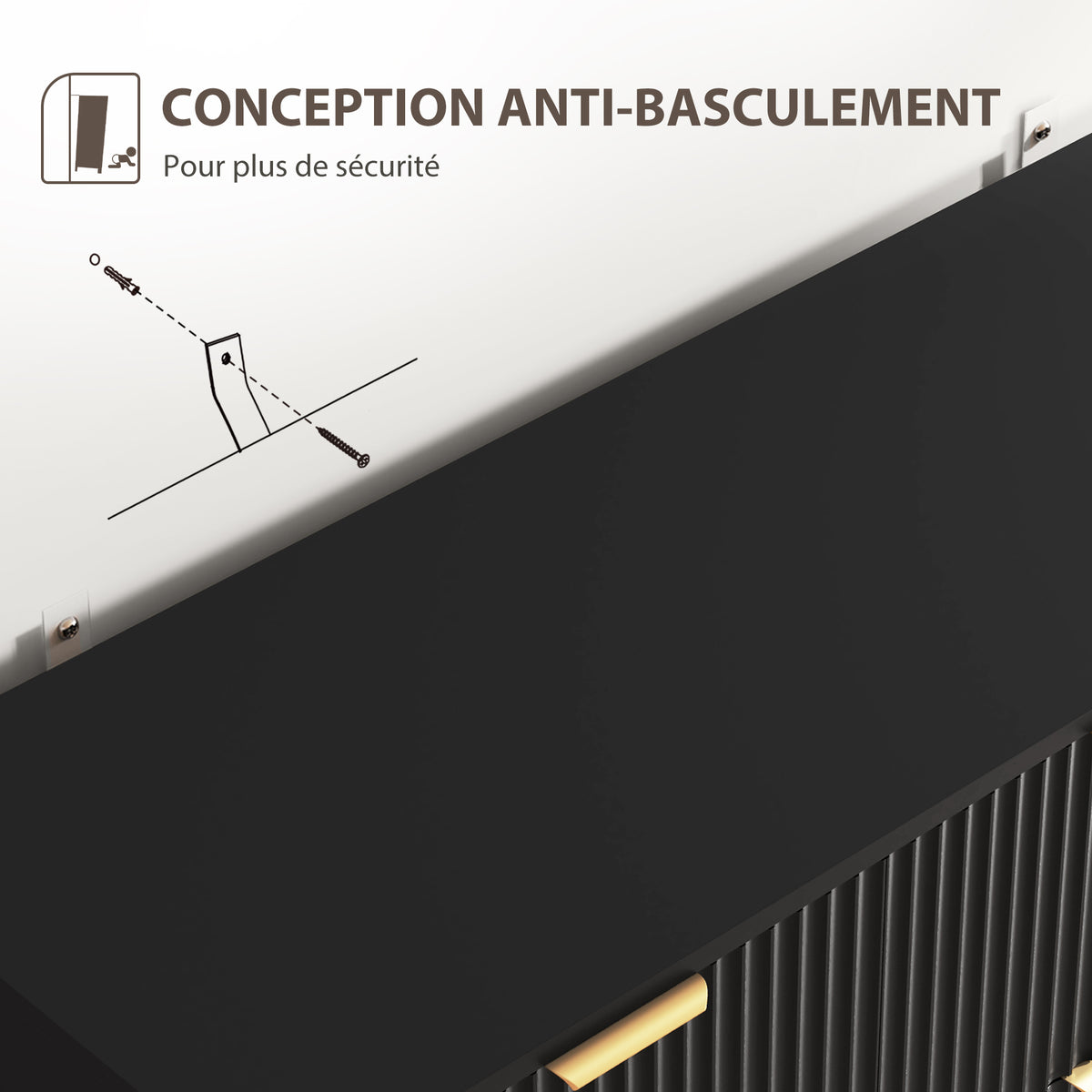 Buffet meuble cuisine rangement avec 3 tiroirs, étagères réglables, placards à portes cannelées, 120 x 40 x 90 cm, noir