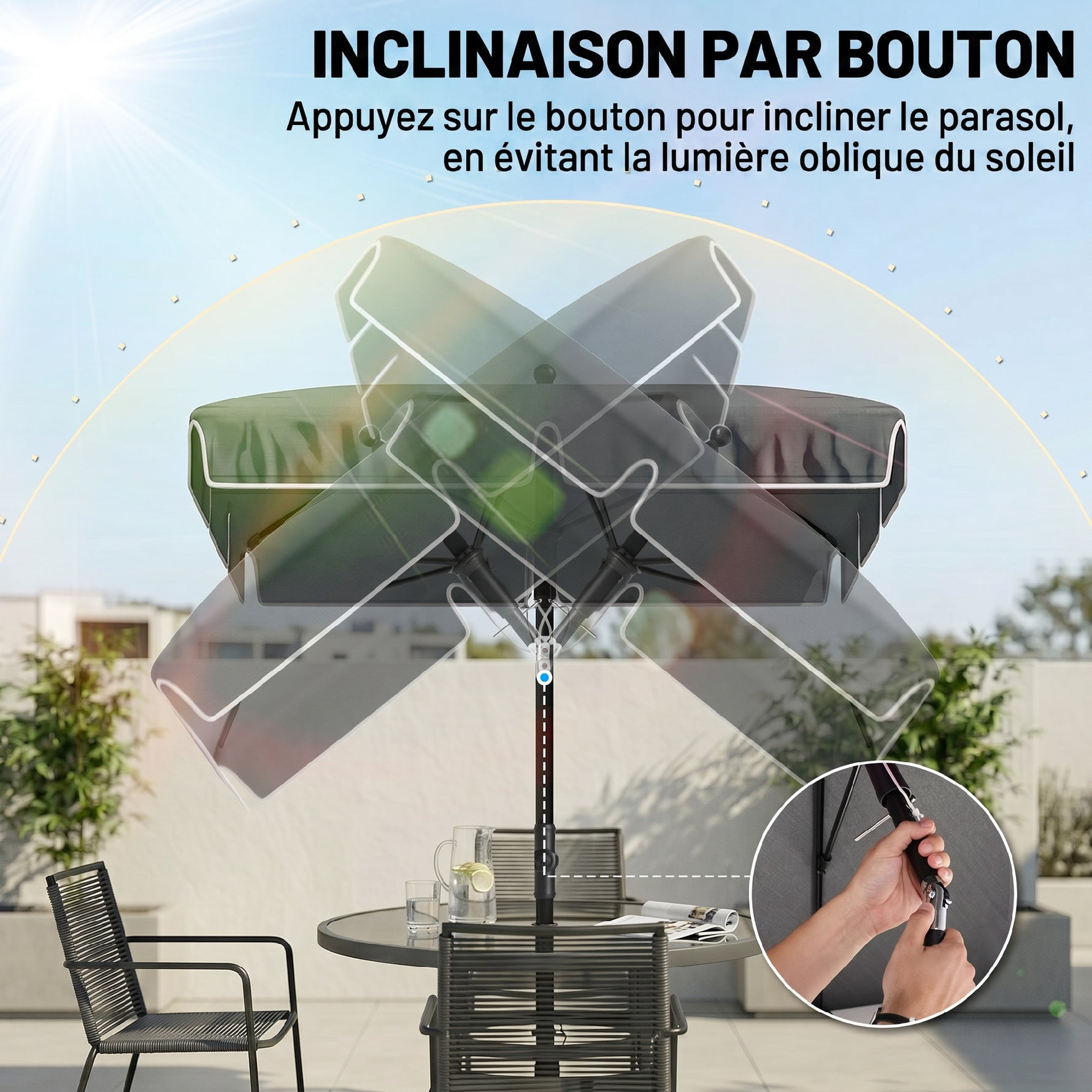Parasol de jardin Parasol droit rectangulaire inclinable alu métal polyester haute densité 2 x 1,3 m gris