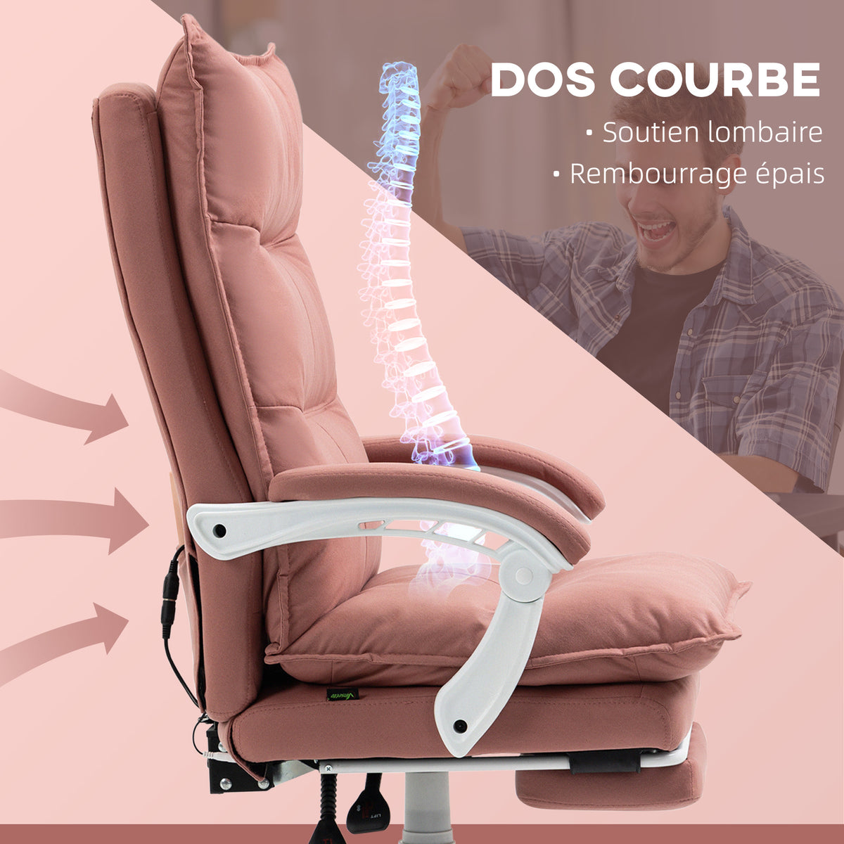 Fauteuil de bureau massant et chauffant, chaise de bureau, hauteur réglable, dossier inclinable, 66x74x121,5cm rose