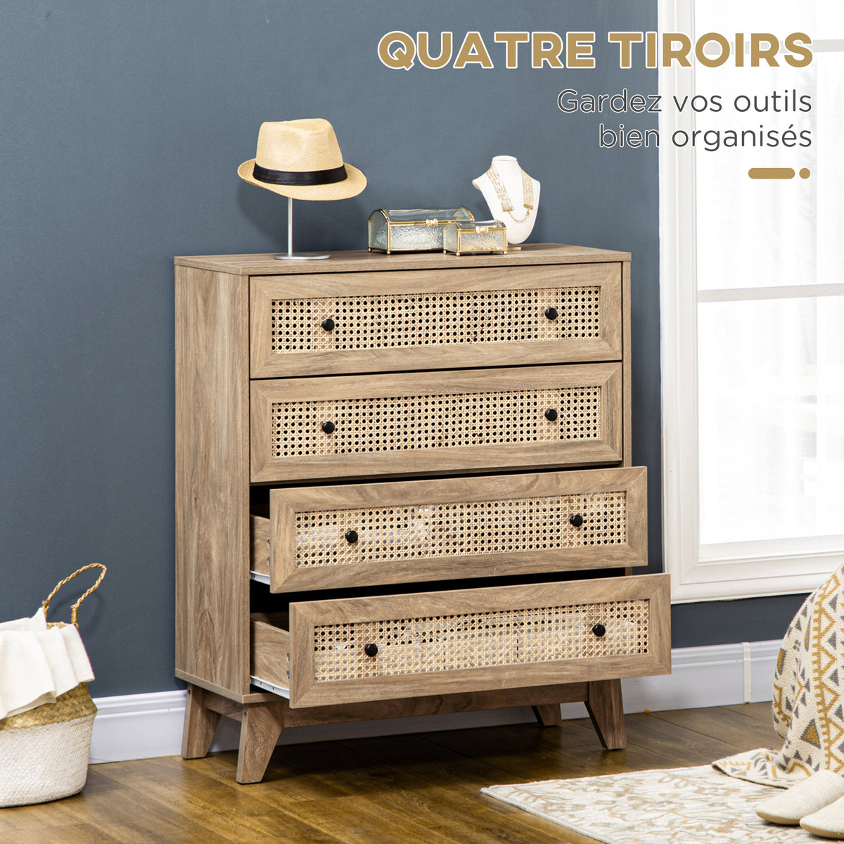 Commode 4 tiroirs meuble de rangement cannage en rotin aspect bois clair 80 x 35 x 95 cm
