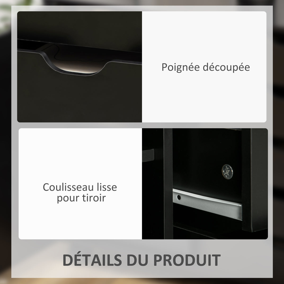 Caisson de bureau avec 5 tiroirs 1 porte étagère réglable, support imprimante sur roulettes, 78x40x66,5 cm, noir