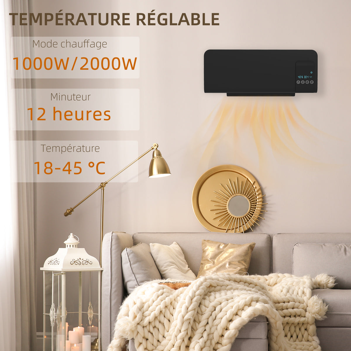 Radiateur soufflant mural chauffage céramique PTC - 1000 W / 2000 W oscillation minuterie avec télécommande noir