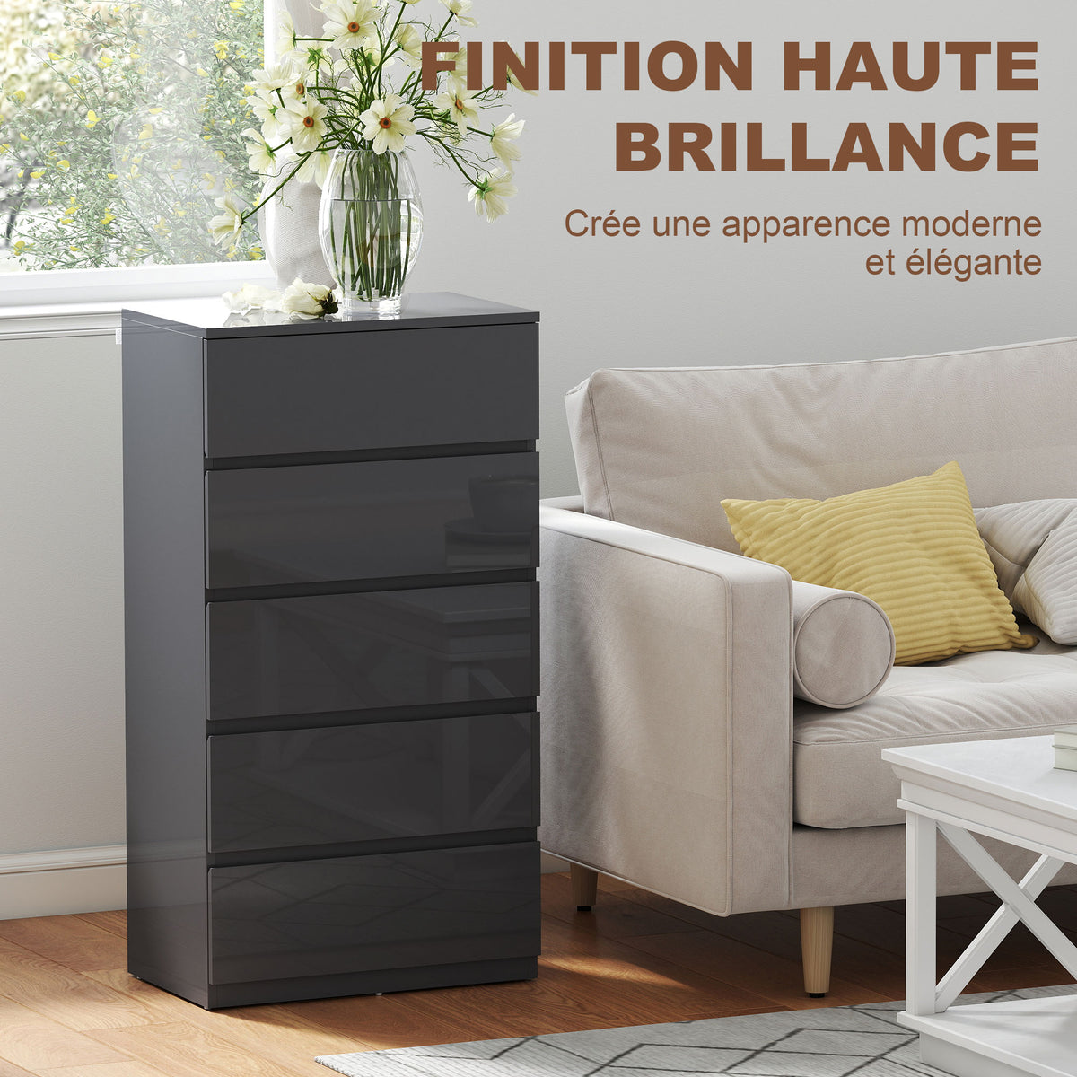 Commode 5 tiroirs, meuble de rangement à haute brillance, fermeture douce et silencieuse, 53 x 34 x 100 cm, gris
