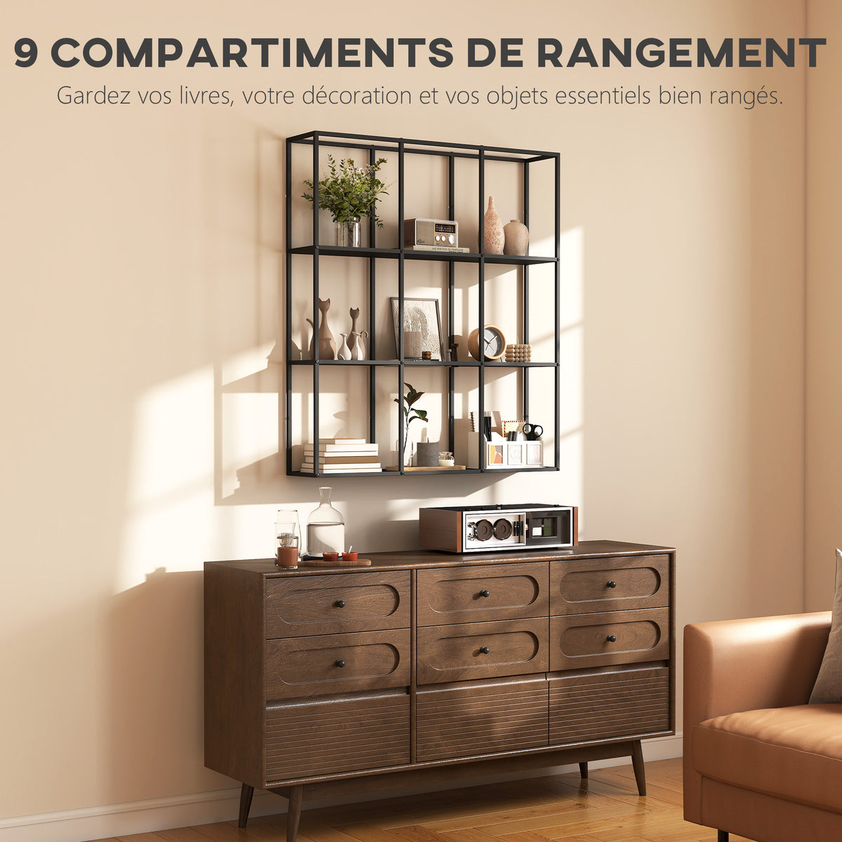 Étagère Murale Industrielle 9 Compartiments, Étagère Modulaire en Métal pour Objets de Collection, 87,5x18x100cm Noir