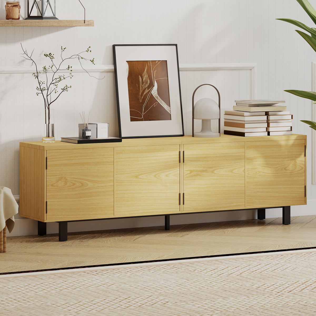 Meuble TV 180 cm, meuble télé pour 82 pouces avec 4 portes à ouverture par pression 180x35x55,5cm bois naturel