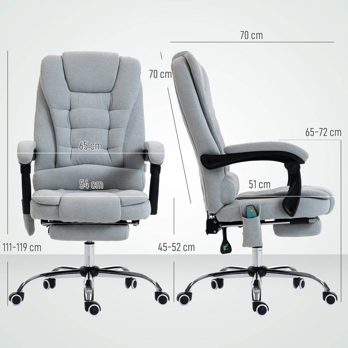 Fauteuil de bureau massant et chauffant, chaise de bureau, hauteur réglable, dossier inclinable, 65x70x111-119cm, gris